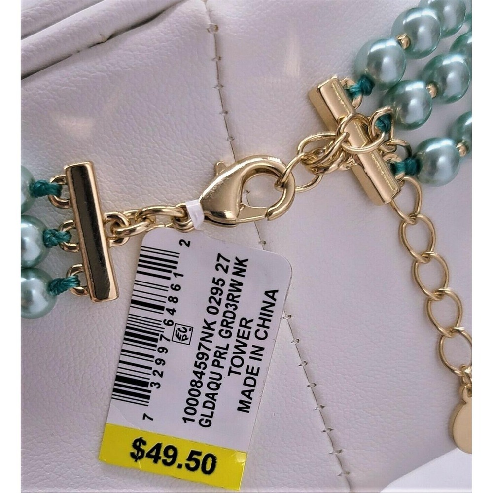 Three-Row Faux Pearl Collar Necklace Aqua NWT Beautiful & Elegant New with Tag - Picture 4 of 8
